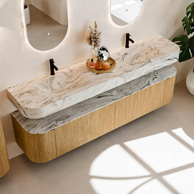 MONDIAZ THOR-DLUX 200cm meuble de salle de bains arrondi gauche + droite couleur Chêne avec 2 tiroirs et 2 portes. Vasque suspendue CLOUD Double 2 trous de robinet couleur Glace.