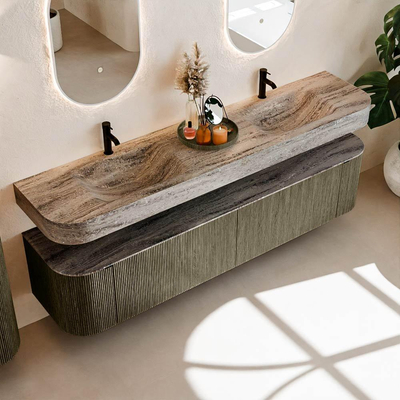 MONDIAZ THOR-DLUX 200cm meuble de salle de bains arrondi gauche + droite couleur Shadow avec 2 tiroirs et 2 portes. Vasque suspendue CLOUD Double 2 trous de robinet couleur Oza.