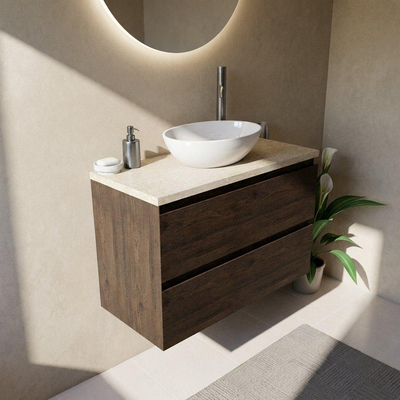 Saniclass Holz Pure Ensemble de meubles de salle de bains - 100x45x63cm - Plan de travail en pierre naturelle travertin - 1 trou de robinetterie - 2 tiroirs - chêne charcoal mat (bois)
