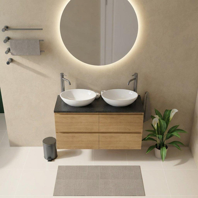 Saniclass Holz Pure Ensemble de meuble de salle de bains - 120x45x63cm - Plan vasque en basalte Noche poli (noir) - 2 trous de robinet - 4 tiroirs - chêne natural mat (bois)