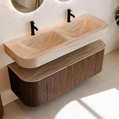 MONDIAZ THOR-DLUX 130cm meuble de salle de bains arrondi gauche + droite couleur Walnut avec 1 tiroir et 2 portes. Vasque suspendue CLOUD Double 2 trous de robinet couleur Saba.