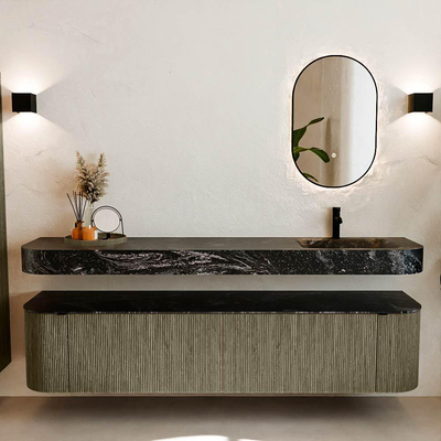 MONDIAZ THOR-DLUX Meuble de salle de bains 200cm arrondi gauche + droite couleur Shadow avec 2 tiroirs et 2 portes. Vasque suspendue CLOUD Droite 1 trou de robinet couleur Lava.