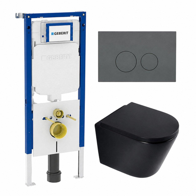 QeramiQ Dely Toiletset - 36.3x51.7cm - diepspoel - rimless - Geberit UP720 inbouwreservoir - softclose toilet zitting - 35mm - bedieningsplaat licht grijs - ronde knoppen - mat zwart