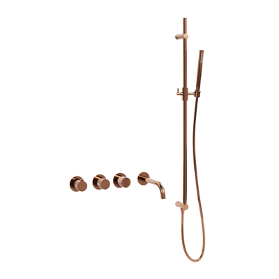 Fortifura Nebbio Ensemble combinaison bain - mitigeur thermostatique - barre de glissement avec coude mural intégré - flexible de douche lisse - douchette à main barre - bec - cuivre brossé