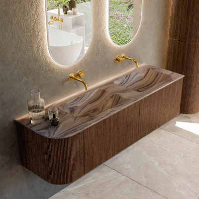 MONDIAZ KURVE-DLUX Meuble de salle de bains 155cm arrondi à gauche couleur Walnut avec 2 tiroirs et 1 porte. Lavabo LEAF Double / à droite sans trou de robinet Sombra.