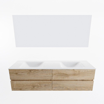 MONDIAZ Vica Badkamermeubelset - 170cm - onderkast washed oak - 4 lades - wastafel cloud dubbel - 2 kraangaten - kleur talc - LED spiegel - XL versie 60cm hoog