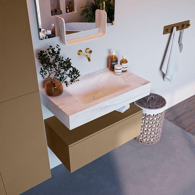 Mondiaz ALAN-DLUX Ensemble de meuble - 80cm - meuble Oro mat - 1 tiroir - Lavabo Cloud Ostra suspendu - vasque Centre - 0 trous de robinet