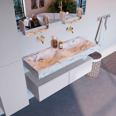 Mondiaz ALAN-DLUX Ensemble de meuble - 120cm - meuble Cale mat - 2 tiroirs - Lavabo Cloud Glace suspendu - vasque Gauche et droite - 0 trous de robinet