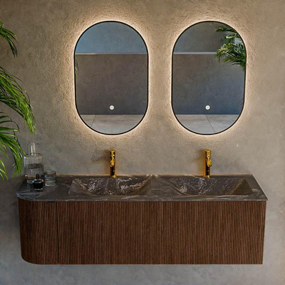 MONDIAZ KURVE-DLUX 145cm meuble de salle de bains avec module 25 L couleur Walnut avec 1 tiroir et 1 porte. Lavabo LEAF double / à droite 2 trous de robinet couleur Lava.