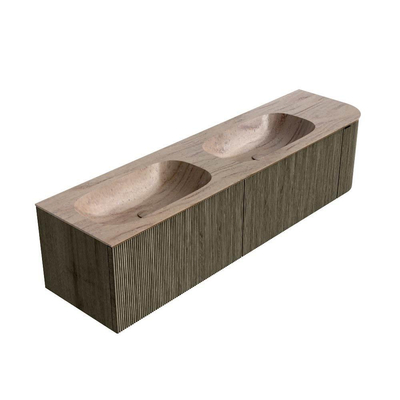 MONDIAZ KURVE-DLUX meuble de salle de bains 175cm arrondi droit couleur Shadow avec 2 tiroirs et 1 porte. Lavabo STOR SMALL double / gauche 2 trous de robinet Saba.
