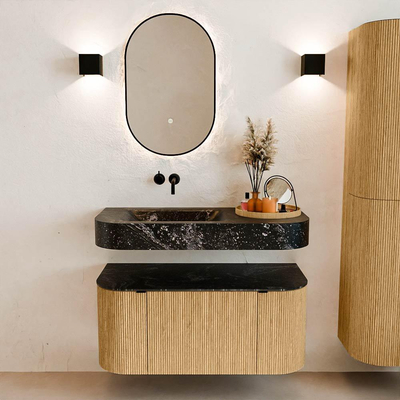 MONDIAZ THOR-DLUX 100cm meuble de salle de bains arrondi gauche + droite couleur Oak avec 1 tiroir et 2 portes. Vasque suspendue CLOUD gauche sans trou de robinet couleur Lava.