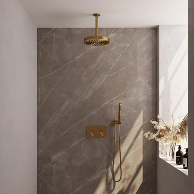 BRAUER Stripe Thermostatische Inbouw Regendouche - drukknoppen - SET 27 - 25cm douchekop - plafondarm - staaf handdouche - doucheslang - wandaansluitbocht - goud geborsteld PVD