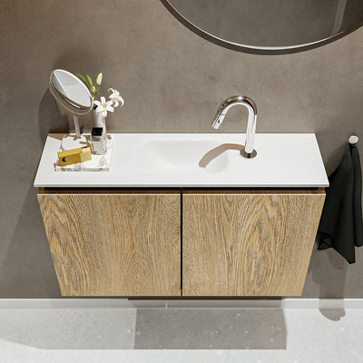 Mondiaz TURE Meuble lave-mains 80x23x50cm 1 trou de robinet 2 portes Washed oak mat Lavabo Eden Centre Solid Surface Blanc