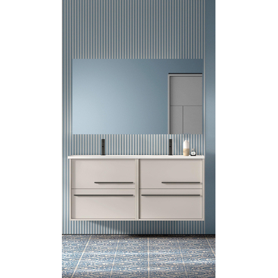 Saniclass Prime Essential Meuble de salle de bain - 120x55x46cm - 2 vasques rectangulaires blanc - 2 trous de robinet - 4 tiroirs - miroir rectangulaire - mat cotton (beige)