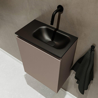 MONDIAZ TURE Toiletmeubel 40x23x50cm met 0 kraangaten 1 deuren smoke mat Wastafel Eden rechts Solid Surface Zwart