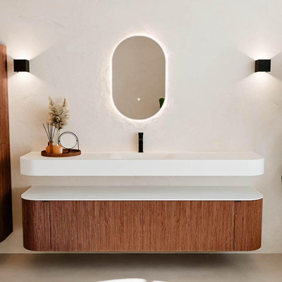 MONDIAZ THOR Meuble de salle de bains - 190cm - arrondi gauche + droite - couleur Ruby - 2 tiroirs et 2 portes - Vasque suspendue CLOUD Milieu 1 trou de robinet - couleur Talc