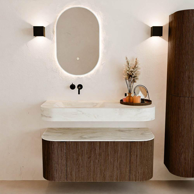 MONDIAZ THOR-DLUX 110cm badmeubel ronding links + rechts kleur Walnut met 1 lade en 2 deuren. Vrijhangende wastafel CLOUD Links zonder kraangat kleur Ostra.