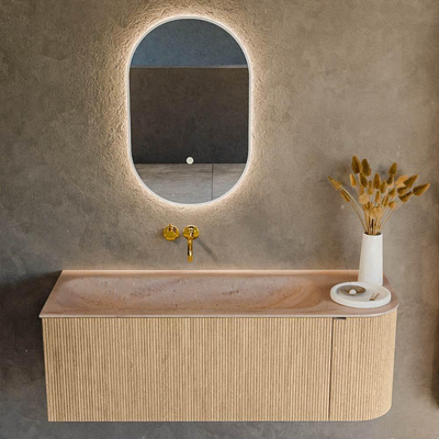 MONDIAZ KURVE-DLUX meuble de salle de bains 125cm arrondi à droite couleur chêne avec 1 tiroir et 1 porte. Vasque BIG MEDIUM à gauche sans trou de robinetterie Saba.