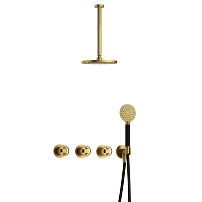 Hotbath Cobber @Work Regendoucheset - inbouw - 30cm plafondarm - 20cm ronde hoofddouche - 3 standen handdouche - Geborsteld messing PVD