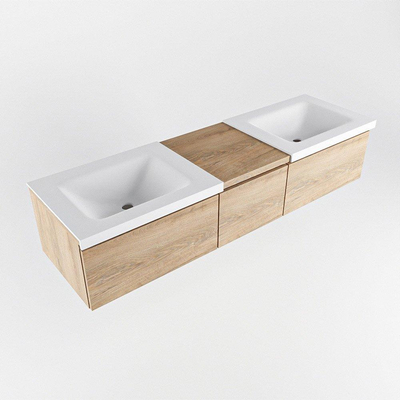 MONDIAZ BUKLA meuble de salle de bain 160cm avec module 40 couleur Chêne blanchi avec 3 tiroirs. Lavabo CLOUD double 0 trou de robinet couleur Talc.