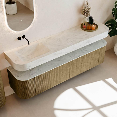 MONDIAZ THOR-DLUX 190cm meuble de salle de bains arrondi gauche + droite couleur Dusk avec 2 tiroirs et 2 portes. Vasque suspendue CLOUD Gauche sans trou de robinet couleur Opalo.