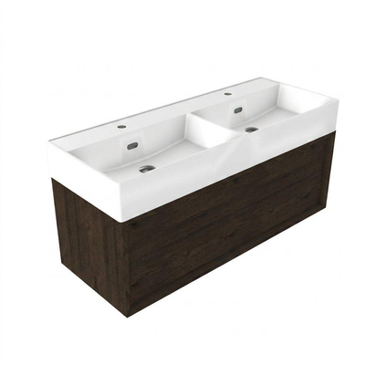 Saniclass Holz Frame Badkamermeubelset - 120x45x52cm - Legend keramische wastafel wit - 2 wasbakken - 2 kraangaten - 1 lade - mat eiken charcoal (hout)