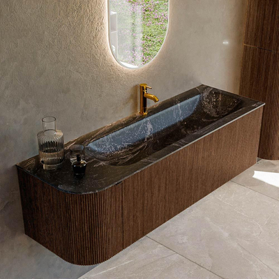 MONDIAZ KURVE-DLUX 145cm badmeubel met module 25 L kleur Walnut met 1 lade en 1 deur. Wastafel BIG LARGE rechts 1 kraangat kleur Lava.