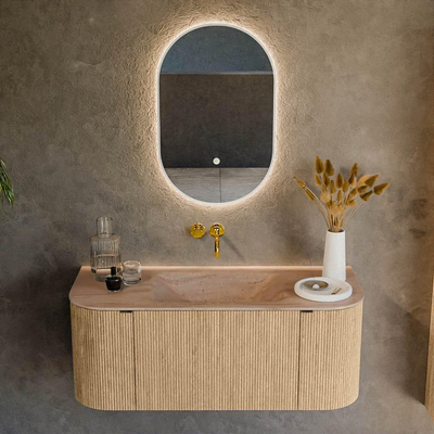 MONDIAZ KURVE-DLUX 110cm badmeubel ronding Links + Rechts kleur Oak met 1 lade en 2 deuren. Wastafel CLOUD Midden zonder kraangat Saba.