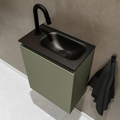 MONDIAZ TURE Fonteinset - 40x23x50cm - 1 kraangat - 1 deur - army mat - Wasbak rechts - Solid Surface Zwart
