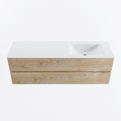 MONDIAZ VICA meuble sous lavabo 150cm Chêne blanchi 2 tiroirs. Lavabo CLOUD droite 1 trou de robinet, couleur Talc.