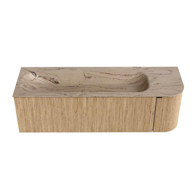 MONDIAZ KURVE-DLUX Meuble de salle de bains 145cm arrondi à droite couleur Oak avec 1 tiroir et 1 porte. Lavabo BIG LARGE à gauche 2 trous de robinet Arena.