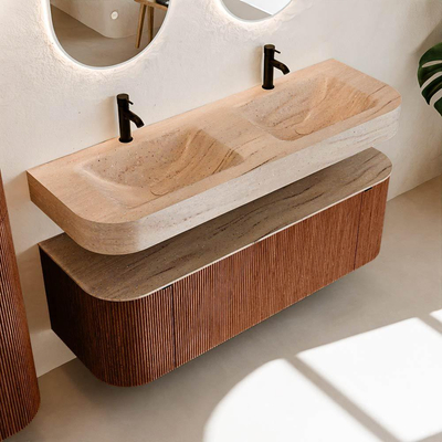 MONDIAZ THOR-DLUX 140cm meuble de salle de bains arrondi gauche + droite couleur Ruby avec 1 tiroir et 2 portes. Vasque suspendue CLOUD Double 2 trous de robinet couleur Saba.