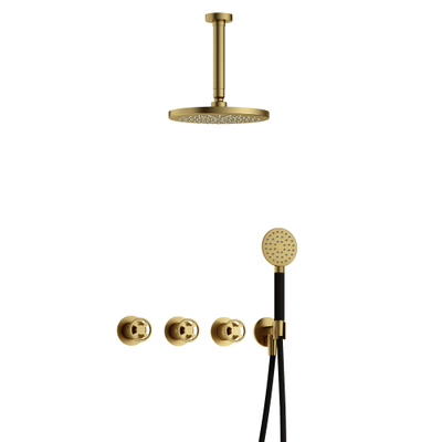 Hotbath Cobber @Work Regendoucheset - inbouw - 15cm plafondarm - 20cm ronde hoofddouche - 3 standen handdouche - Geborsteld messing PVD