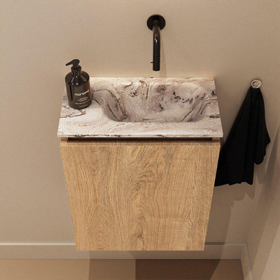 MONDIAZ TURE-DLUX Meuble toilette - 40cm - Washed Oak - EDEN - vasque Glace - position droite - sans trou de robinet