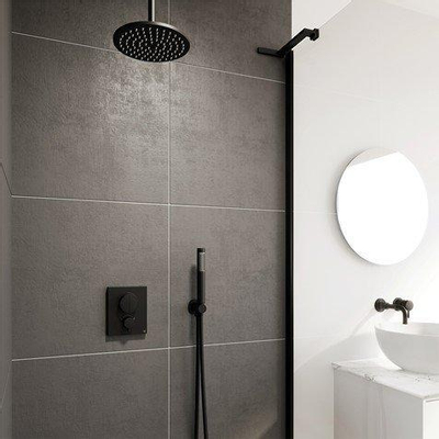 Crosswater crossbox ensemble mitigeur de douche thermostatique - 2 voies - avec poignée et poussoir - avec douche de tête - bras plafond - douchette à main - noir mat