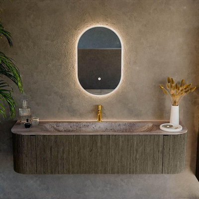 MONDIAZ KURVE-DLUX 170cm badmeubel ronding Links + Rechts kleur Shadow met 1 lade en 2 deuren. Wastafel BIG LARGE Midden 1 kraangat Oza.