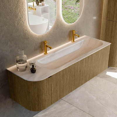 MONDIAZ KURVE-DLUX Meuble de salle de bains 145cm arrondi à gauche couleur Dusk avec 1 tiroir et 1 porte. Lavabo BIG LARGE à droite 2 trous de robinet Meli.