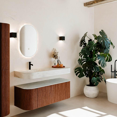 MONDIAZ THOR-DLUX 130cm meuble de salle de bains arrondi gauche + droite couleur Ruby avec 1 tiroir et 2 portes. Vasque suspendue CLOUD Gauche 1 trou de robinet couleur Opalo.