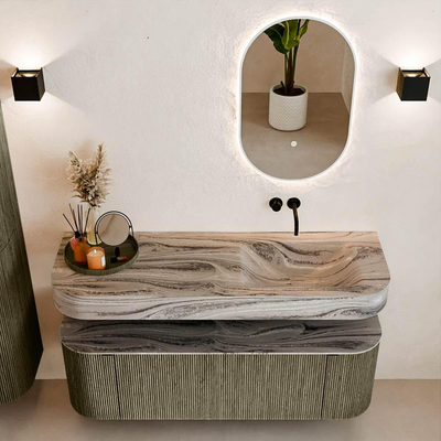 MONDIAZ THOR-DLUX 140cm meuble de salle de bains arrondi gauche + droite couleur Shadow avec 1 tiroir et 2 portes. Vasque suspendue CLOUD droite sans trou de robinet couleur Sombra.