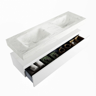 Mondiaz ALAN-DLUX Ensemble de meuble - 150cm - meuble Talc mat - 1 tiroir - Lavabo Cloud Opalo suspendu - vasque Gauche et droite - 2 trous de robinet