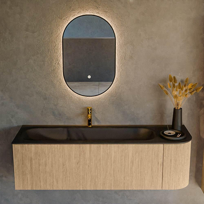 MONDIAZ KURVE 145cm Meuble salle de bain avec module 25 D - couleur Oak - 1 tiroir - 1 porte - vasque BIG LARGE gauche - 1 trou de robinet - Urban