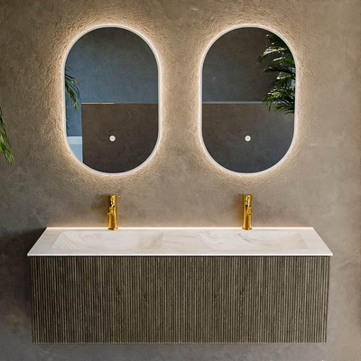 Mondiaz KURVE-DLUX Badkamermeubelset - 130x46x40cm - 2 lade - wastafel solid surface - dubbel - 2 kraangaten - Shadow