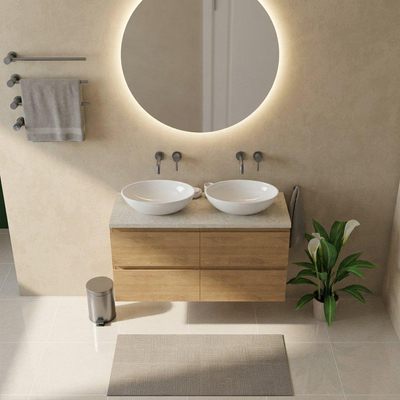Saniclass Holz Pure Ensemble de meubles de salle de bains - 120x45x63cm - Plan de travail en pierre naturelle travertin - sans trou de robinet - 4 tiroirs - chêne natural mat (bois)
