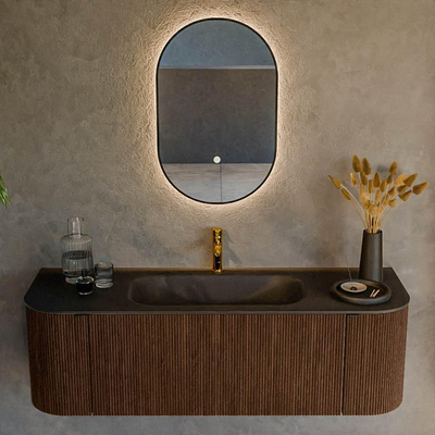 MONDIAZ KURVE 140cm badmeubel met module 25 Len R kleur Walnut met 1 lade en 2 deuren. Wastafel BIG SMALL midden 1 kraangat Urban.