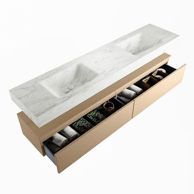 Mondiaz ALAN-DLUX Ensemble de meuble - 200cm - meuble Oro mat - 2 tiroirs - Lavabo Cloud Opalo suspendu - vasque Gauche et droite - 0 trous de robinet
