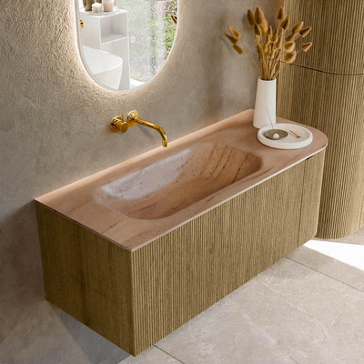 MONDIAZ KURVE-DLUX Meuble de salle de bains 115cm arrondi à droite couleur Dusk avec 1 tiroir et 1 porte. Lavabo BIG SMALL gauche sans trou de robinet Saba.