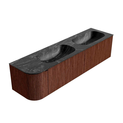 Mondiaz KURVE-DLUX Ensemble de meubles de salle de bains - 175x46x40cm - 2 tiroirs - 1 porte - lavabo solid surface - double / droite - sans trou de robinet - Ruby