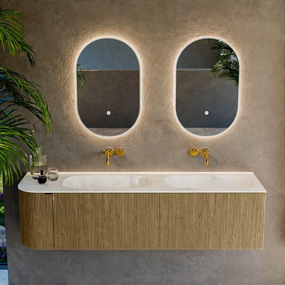 Mondiaz KURVE-DLUX Ensemble de meuble de salle de bains - 165x46x40cm - 2 tiroirs - 1 porte - lavabo solid surface - double / droite - sans trou de robinet - Dusk