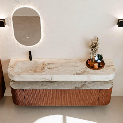 MONDIAZ THOR-DLUX 180cm meuble de salle de bains arrondi gauche + droite couleur Ruby avec 2 tiroirs et 2 portes. Vasque suspendue CLOUD Gauche 1 trou de robinet couleur Frappe.