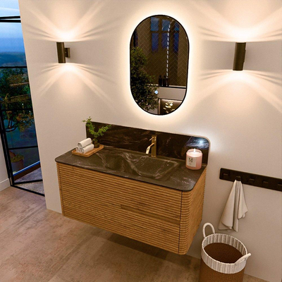 Mondiaz CIRO-DLUX Badkamermeubelset - 110x45x50cm - Solid surface wastafel Lava - 1 wasbak Rechts - 1 kraangat - 2 lades - Oak